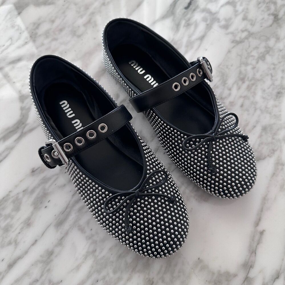 Authentic Miu Miu Studded Leather Mary Jane Ballet Flats 35.5 Italy Ballerina